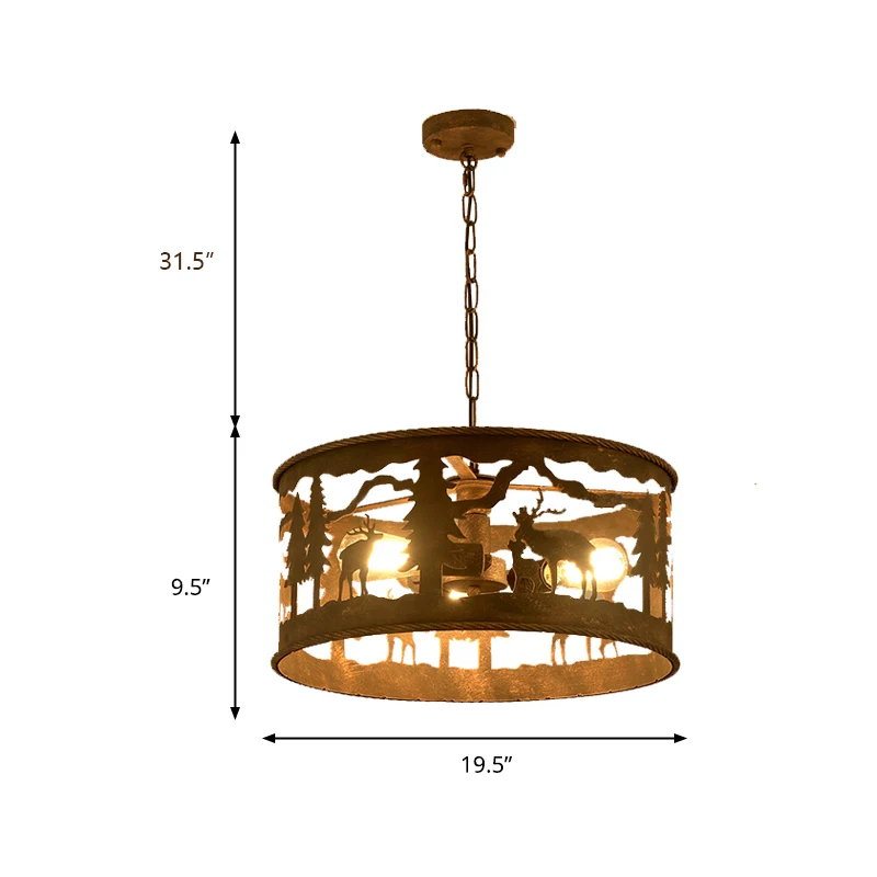 3-lichts trommelkroonluchter verlichting vintage roestmetalen hanglamp voor woonkamer met ronde luifel Clearhalo