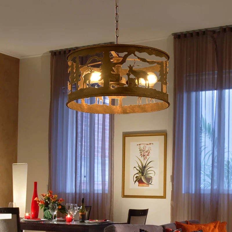 3-lichts trommelkroonluchter verlichting vintage roestmetalen hanglamp voor woonkamer met ronde luifel Clearhalo