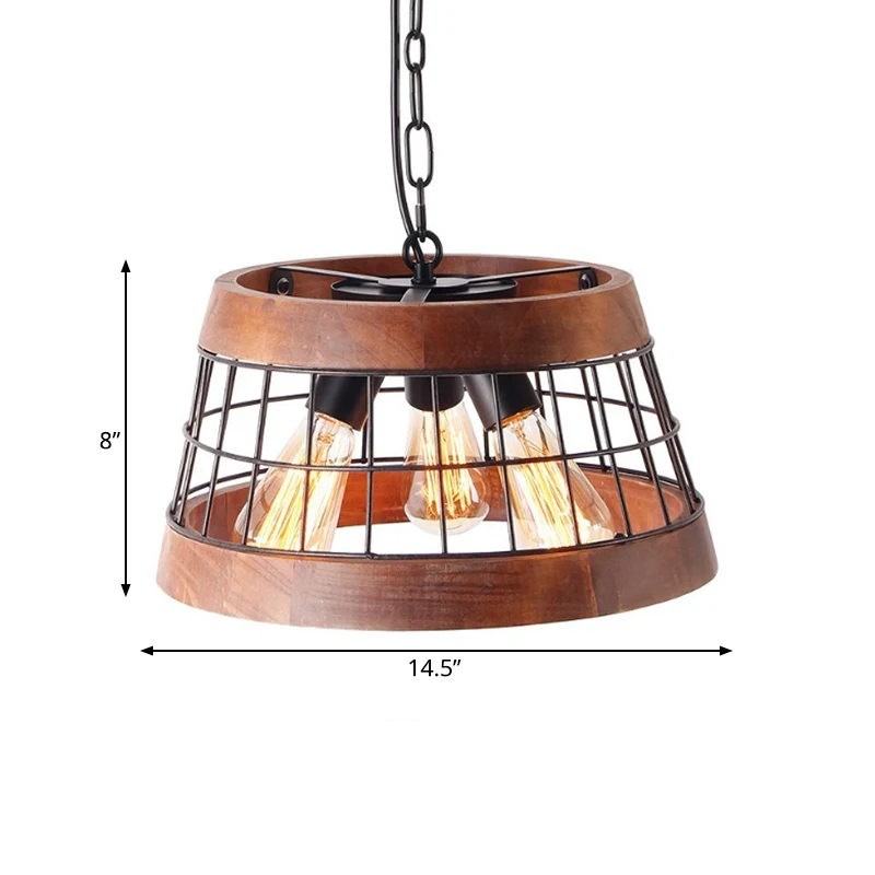 3-lichts trommelplafondhanger vintage houten metalen kroonluchterverlichting met kooi Clearhalo