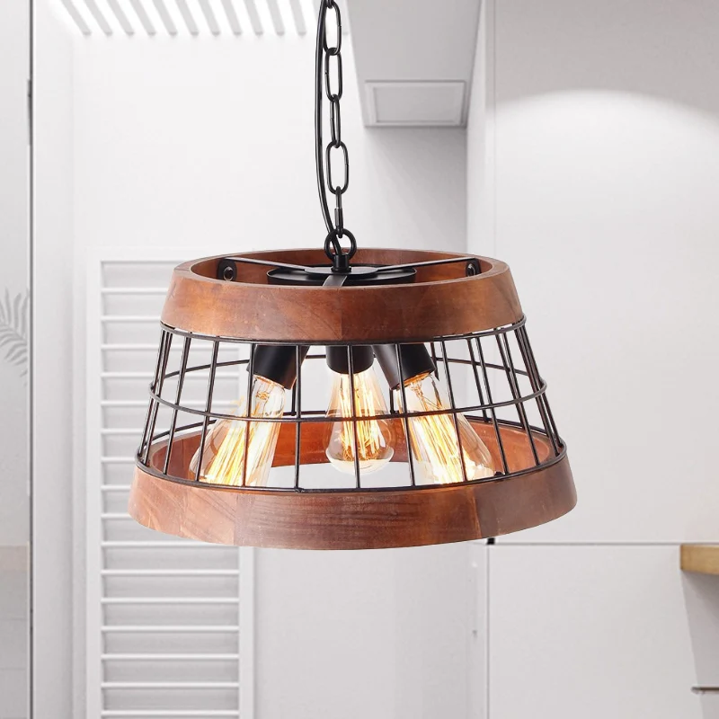 3-lichts trommelplafondhanger vintage houten metalen kroonluchterverlichting met kooi Clearhalo