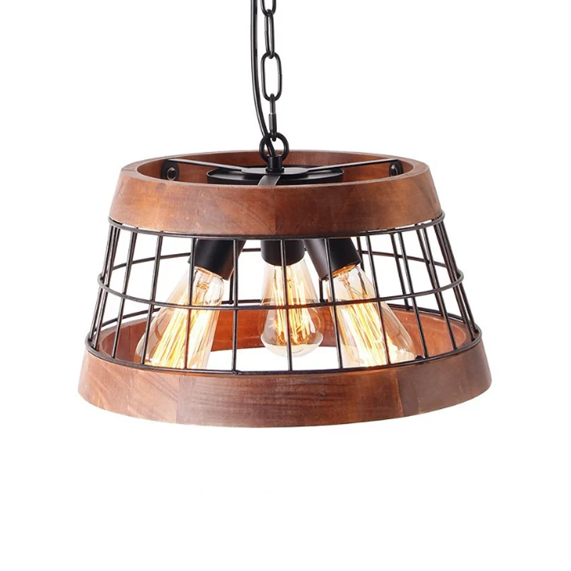 3-lichts trommelplafondhanger vintage houten metalen kroonluchterverlichting met kooi Clearhalo