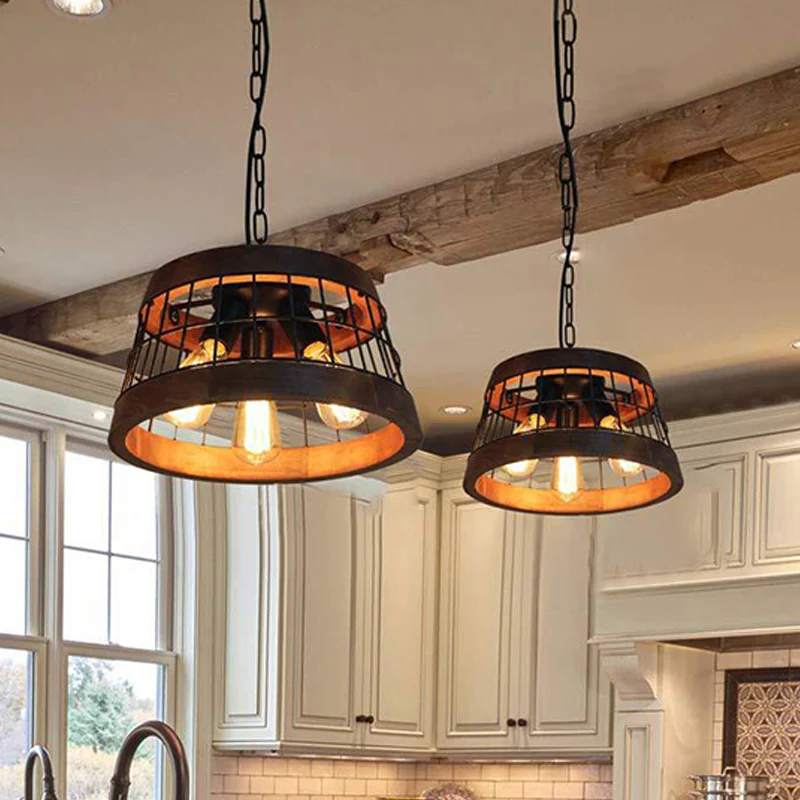 3-lichts trommelplafondhanger vintage houten metalen kroonluchterverlichting met kooi Clearhalo