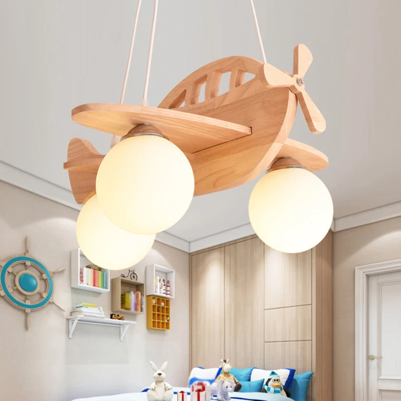 3-lichts vliegtuig hanglamp armatuur cartoon houten ophanging hanglamp met bal witte glazen kap Clearhalo