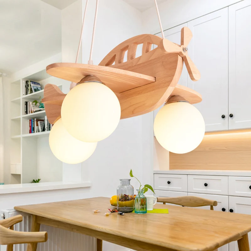 3-lichts vliegtuig hanglamp armatuur cartoon houten ophanging hanglamp met bal witte glazen kap Clearhalo