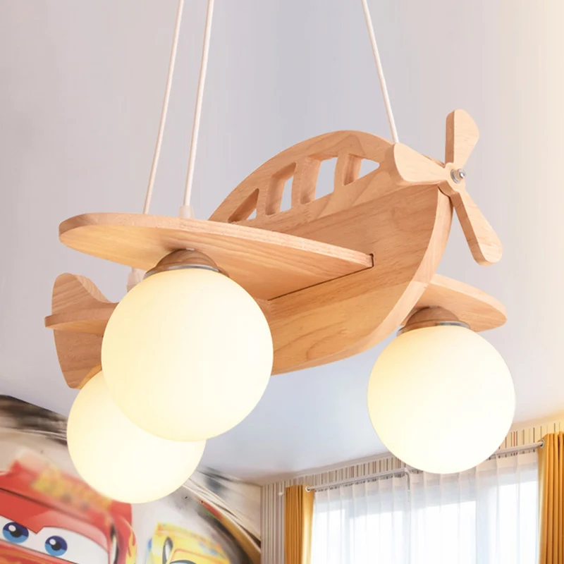 3-lichts vliegtuig hanglamp armatuur cartoon houten ophanging hanglamp met bal witte glazen kap Clearhalo