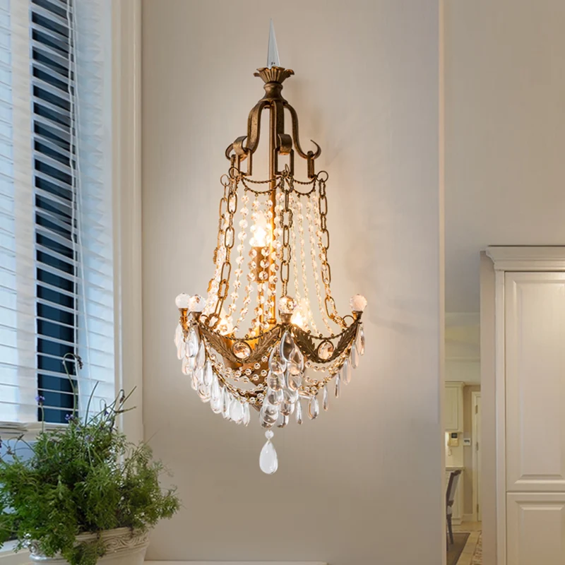 3-lichts wandmontage licht platteland kralen kristallen schans antiek messing voor woonkamer Clearhalo