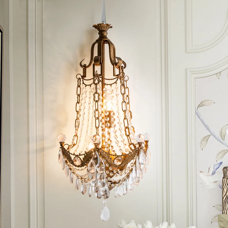 3-lichts wandmontage licht platteland kralen kristallen schans antiek messing voor woonkamer Clearhalo