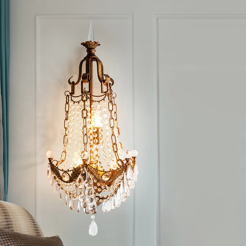 3-lichts wandmontage licht platteland kralen kristallen schans antiek messing voor woonkamer Clearhalo