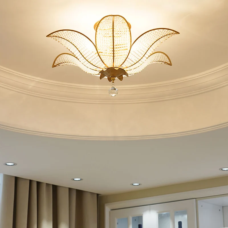3-lichts woonkamer plafond inbouw moderne gouden semi-inbouw verlichtingsarmatuur met bloesemheldere kristallen glazen kap...