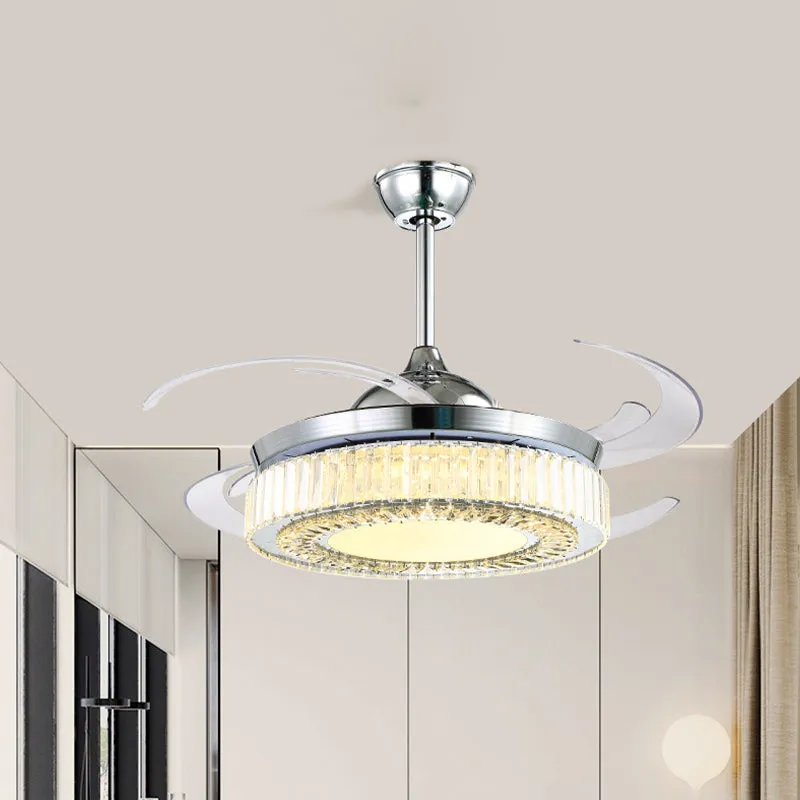 47-inch brede LED-plafondventilator Minimalistisch rond kristal semi-inbouwlicht met 4 intrekbare bladen chroom Clearhalo