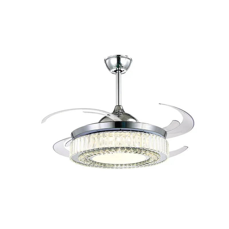 47-inch brede LED-plafondventilator Minimalistisch rond kristal semi-inbouwlicht met 4 intrekbare bladen chroom Clearhalo