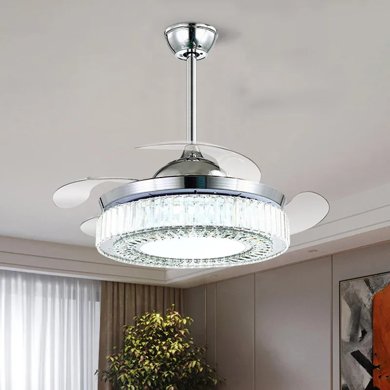 47-inch brede LED-plafondventilator Minimalistisch rond kristal semi-inbouwlicht met 4 intrekbare bladen chroom Clearhalo
