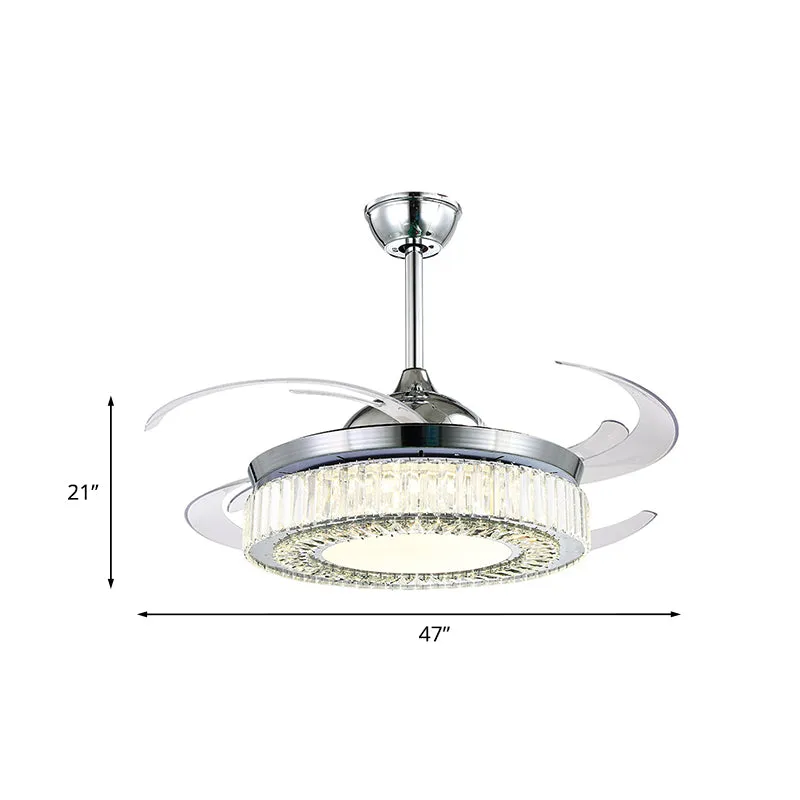 47-inch brede LED-plafondventilator Minimalistisch rond kristal semi-inbouwlicht met 4 intrekbare bladen chroom Clearhalo