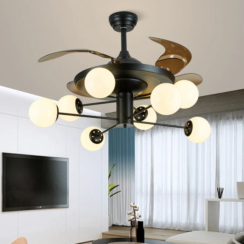 4-bladige Spoetnik-plafondventilatorlamp Moderne opaalglazen woonkamer semi-inbouwlamp zwart met afstandsbediening Clearhalo