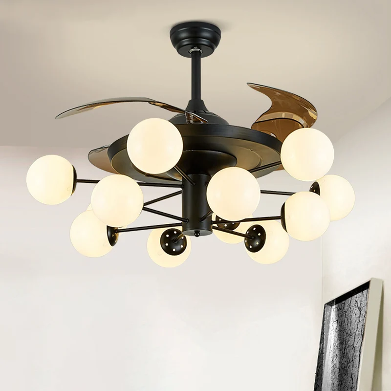 4-bladige Spoetnik-plafondventilatorlamp Moderne opaalglazen woonkamer semi-inbouwlamp zwart met afstandsbediening Clearhalo
