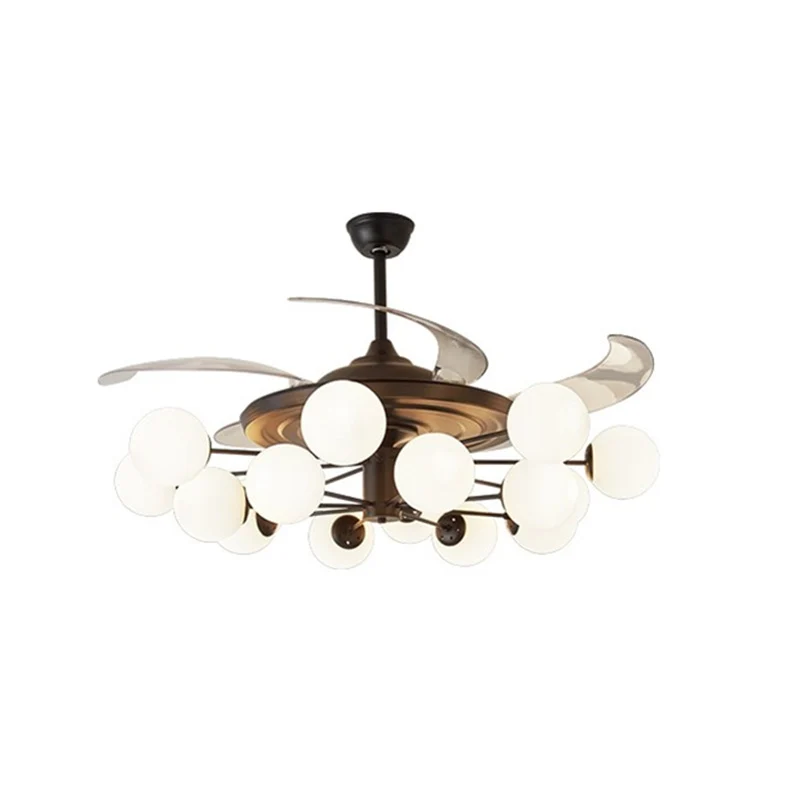 4-bladige Spoetnik-plafondventilatorlamp Moderne opaalglazen woonkamer semi-inbouwlamp zwart met afstandsbediening Clearhalo
