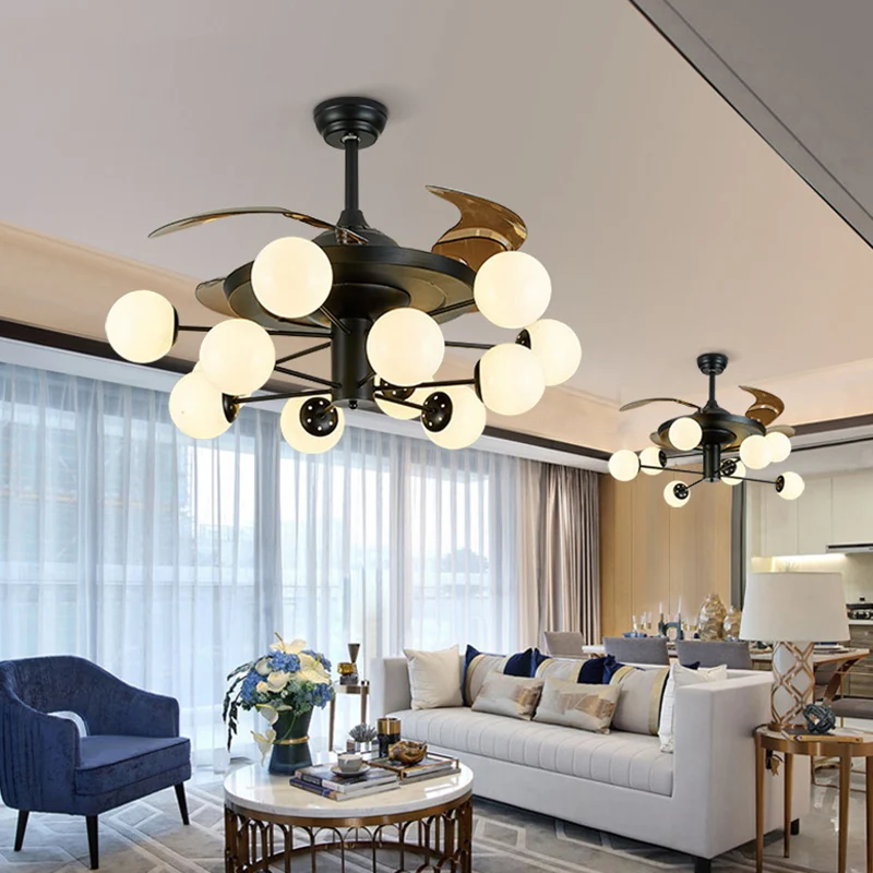 4-bladige Spoetnik-plafondventilatorlamp Moderne opaalglazen woonkamer semi-inbouwlamp zwart met afstandsbediening Clearhalo
