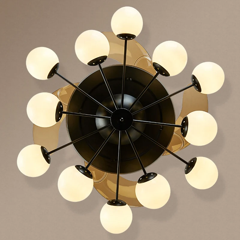 4-bladige Spoetnik-plafondventilatorlamp Moderne opaalglazen woonkamer semi-inbouwlamp zwart met afstandsbediening Clearhalo