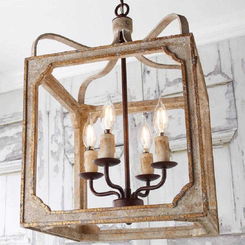 4-hoofds hangende kroonluchter de woonkamer, retro roestkleurige plafondhanglamp met kubusvormige metalen kooi Clearhalo