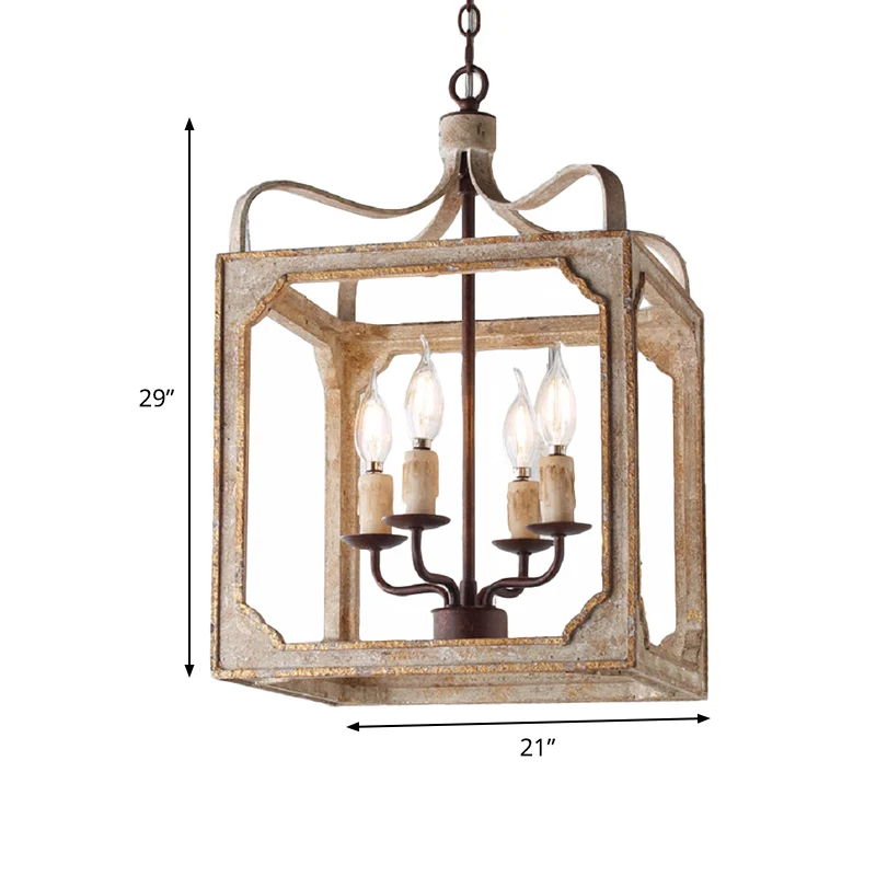 4-hoofds hangende kroonluchter de woonkamer, retro roestkleurige plafondhanglamp met kubusvormige metalen kooi Clearhalo