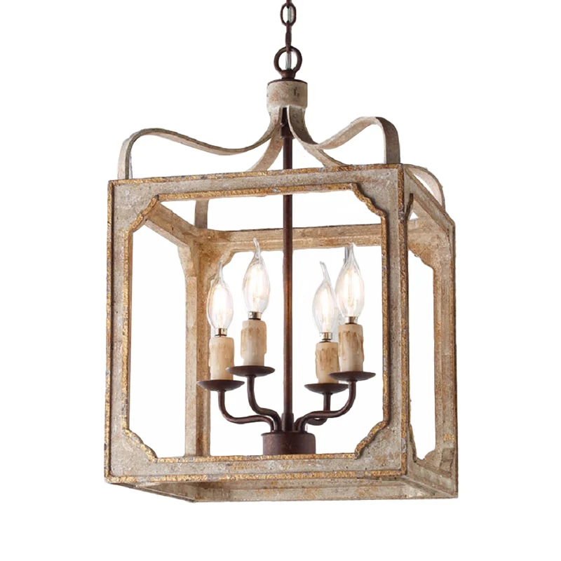 4-hoofds hangende kroonluchter de woonkamer, retro roestkleurige plafondhanglamp met kubusvormige metalen kooi Clearhalo