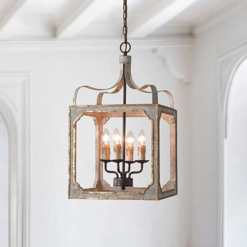 4-hoofds hangende kroonluchter de woonkamer, retro roestkleurige plafondhanglamp met kubusvormige metalen kooi Clearhalo
