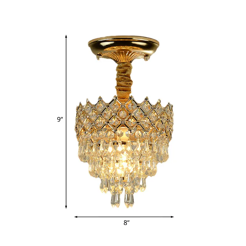 4-laags kristallen druppelplafondlamp Traditionele 1-lichts zitkamer, semi-inbouwverlichting met gouden kroonblad Clearhalo