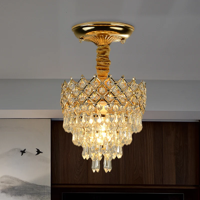 4-laags kristallen druppelplafondlamp Traditionele 1-lichts zitkamer, semi-inbouwverlichting met gouden kroonblad Clearhalo