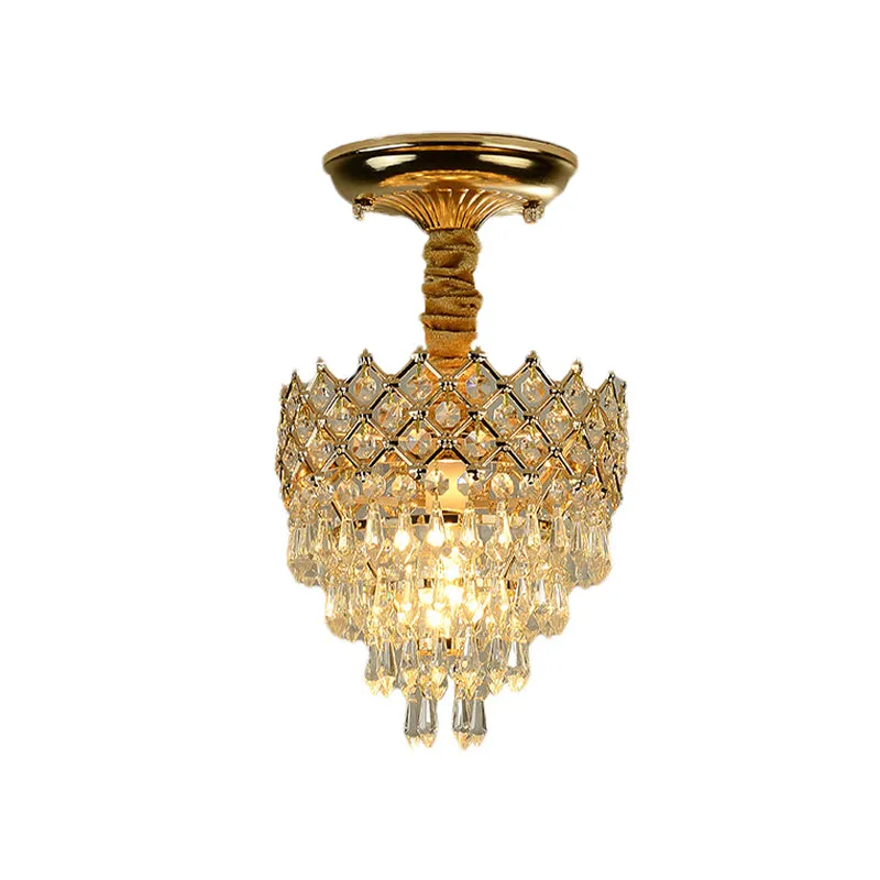 4-laags kristallen druppelplafondlamp Traditionele 1-lichts zitkamer, semi-inbouwverlichting met gouden kroonblad Clearhalo