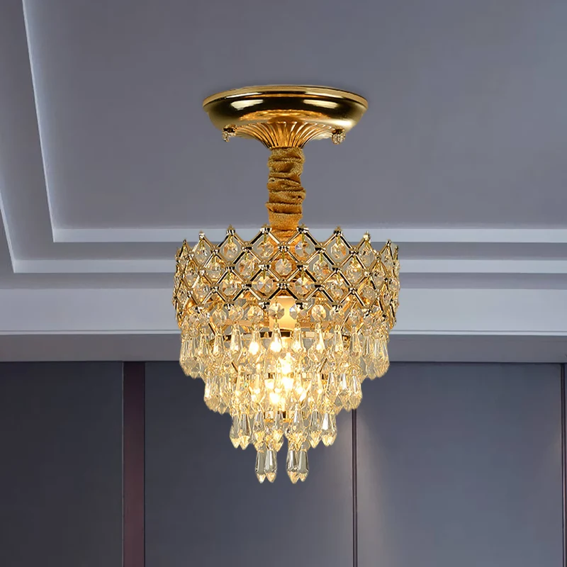 4-laags kristallen druppelplafondlamp Traditionele 1-lichts zitkamer, semi-inbouwverlichting met gouden kroonblad Clearhalo