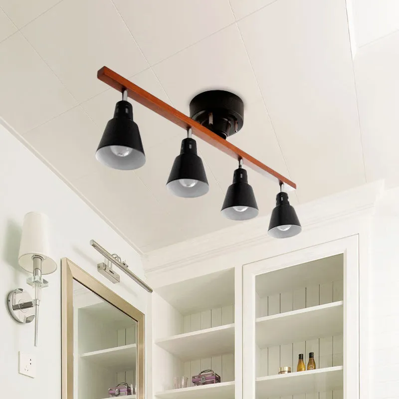 4-lampen roterende hoorn-inbouwplafondlamp Scandinavisch wit/zwart ijzer, semi-gemonteerde verlichting met houten straalar...