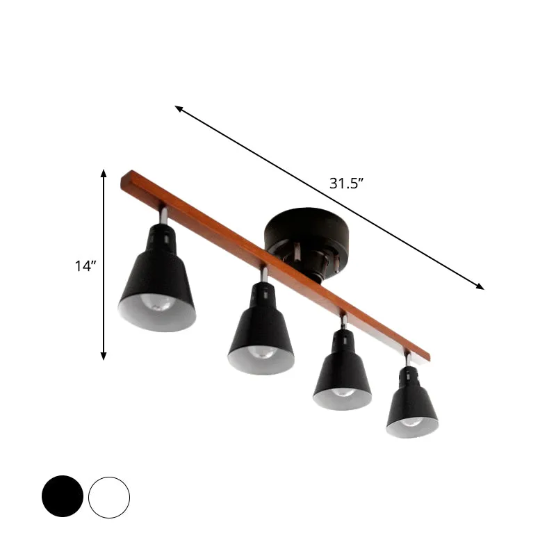 4-lampen roterende hoorn-inbouwplafondlamp Scandinavisch wit/zwart ijzer, semi-gemonteerde verlichting met houten straalar...