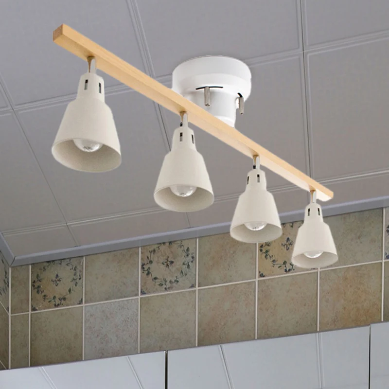 4-lampen roterende hoorn-inbouwplafondlamp Scandinavisch wit/zwart ijzer, semi-gemonteerde verlichting met houten straalar...