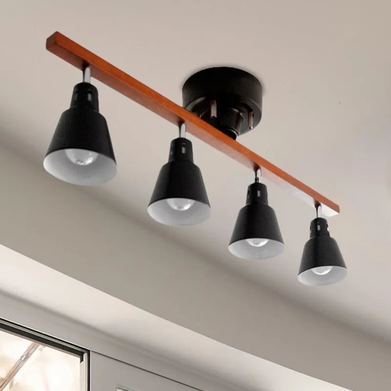 4-lampen roterende hoorn-inbouwplafondlamp Scandinavisch wit/zwart ijzer, semi-gemonteerde verlichting met houten straalar...