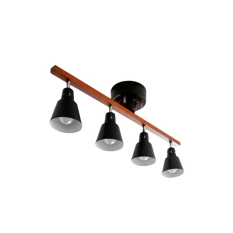 4-lampen roterende hoorn-inbouwplafondlamp Scandinavisch wit/zwart ijzer, semi-gemonteerde verlichting met houten straalar...