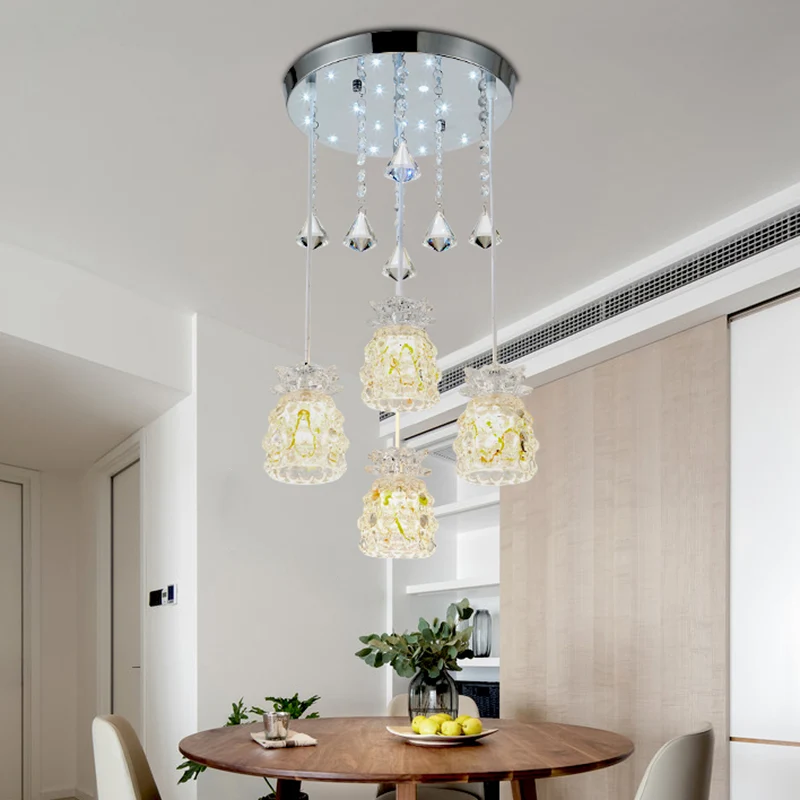 4-lamps eetkamer cluster hanglamp modernisme chroom hanglampset met bekervormige kristallen kap Clearhalo