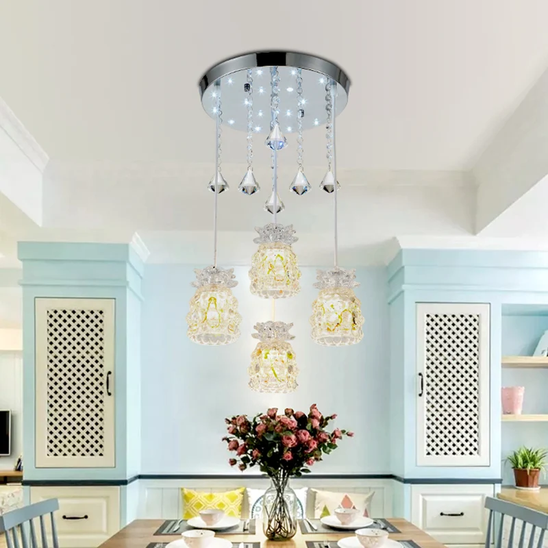 4-lamps eetkamer cluster hanglamp modernisme chroom hanglampset met bekervormige kristallen kap Clearhalo