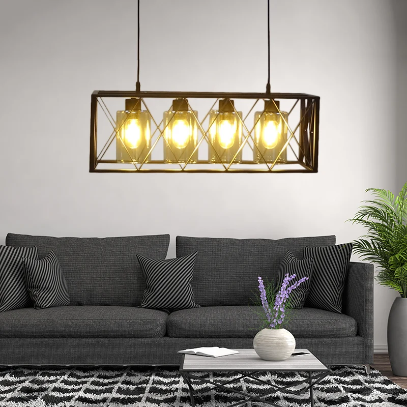 4-lichts kruis ingelijste doos eilandlicht traditionele zwarte metalen hanglamp voor eetkamer Clearhalo