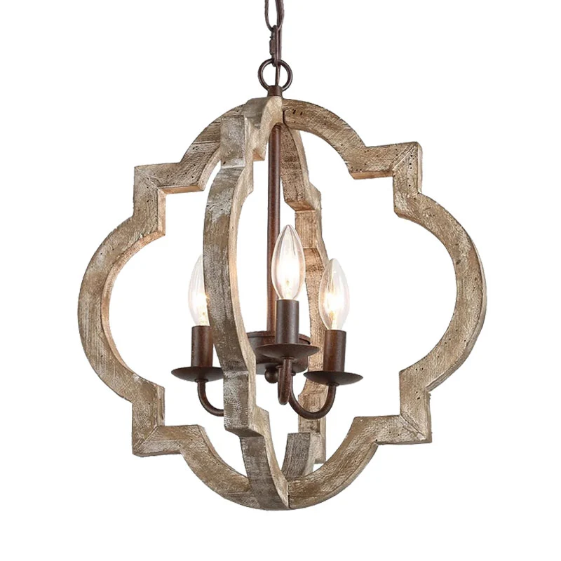4-lichts plafondkroonluchter kaarsstijl, landelijke beige houten hanglamp met bolkooi Clearhalo