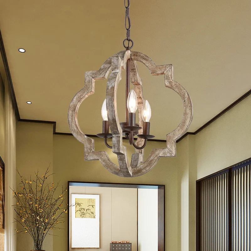 4-lichts plafondkroonluchter kaarsstijl, landelijke beige houten hanglamp met bolkooi Clearhalo