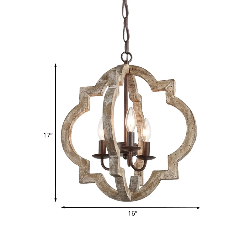 4-lichts plafondkroonluchter kaarsstijl, landelijke beige houten hanglamp met bolkooi Clearhalo