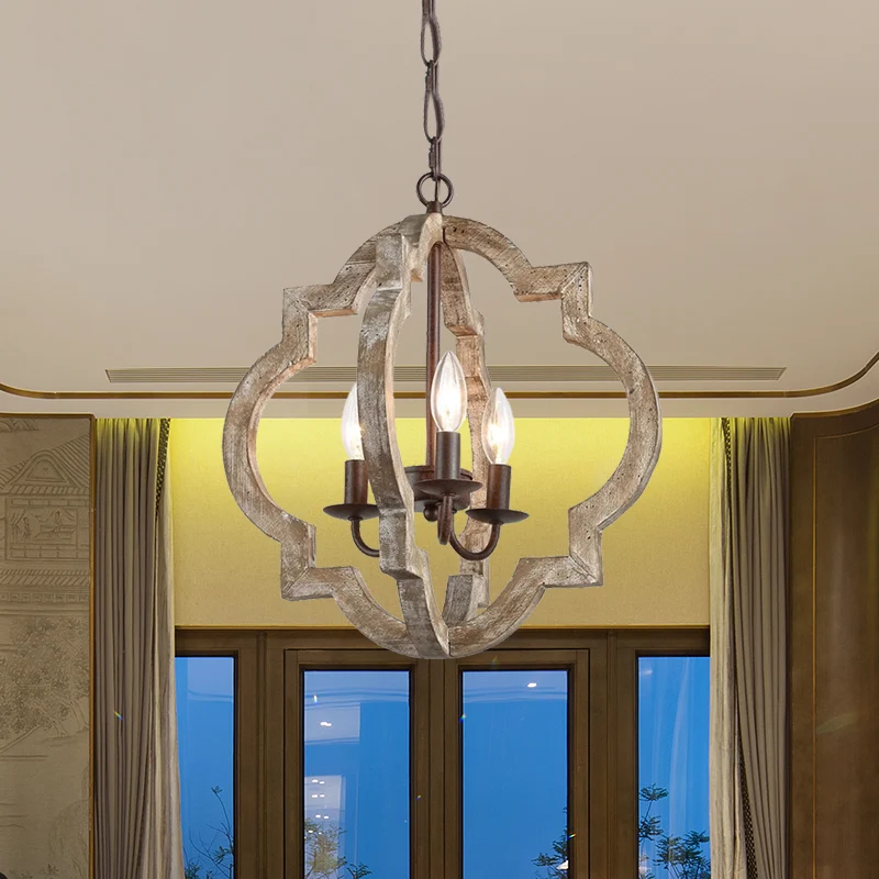 4-lichts plafondkroonluchter kaarsstijl, landelijke beige houten hanglamp met bolkooi Clearhalo