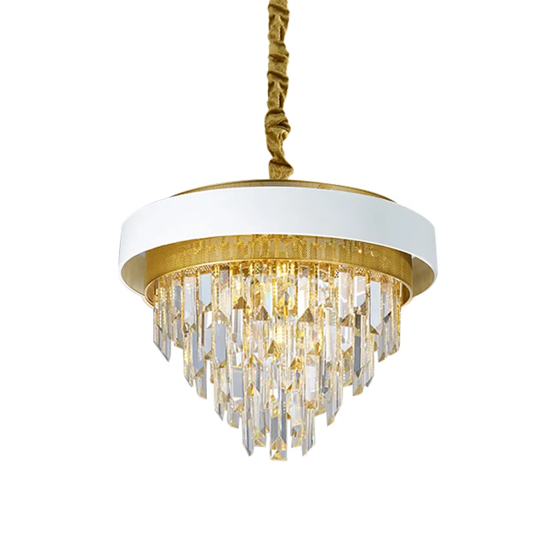 5-kops conische plafondkroonluchter Traditionele zwart/witte afwerking Heldere kristallen prisma-hanger met gouden gaas Cl...