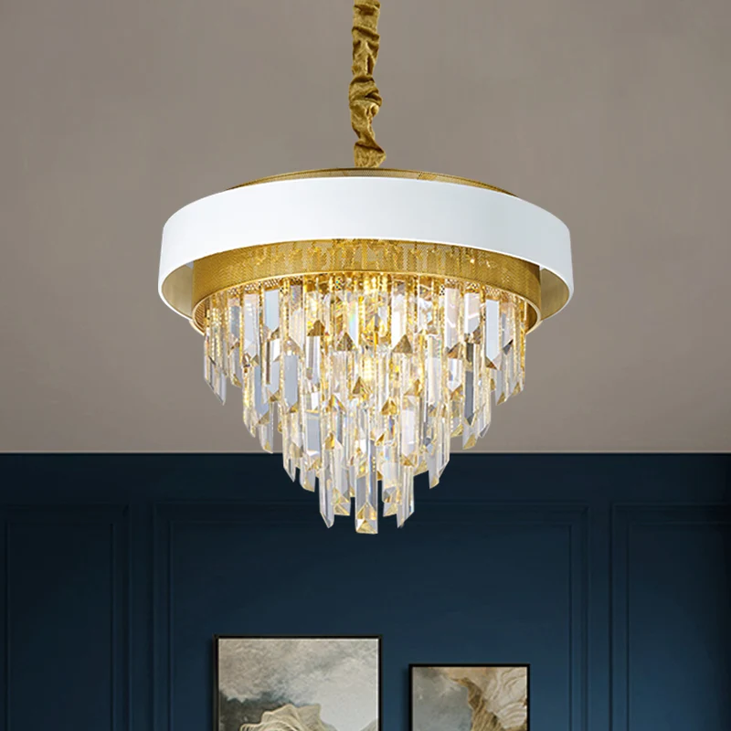 5-kops conische plafondkroonluchter Traditionele zwart/witte afwerking Heldere kristallen prisma-hanger met gouden gaas Cl...