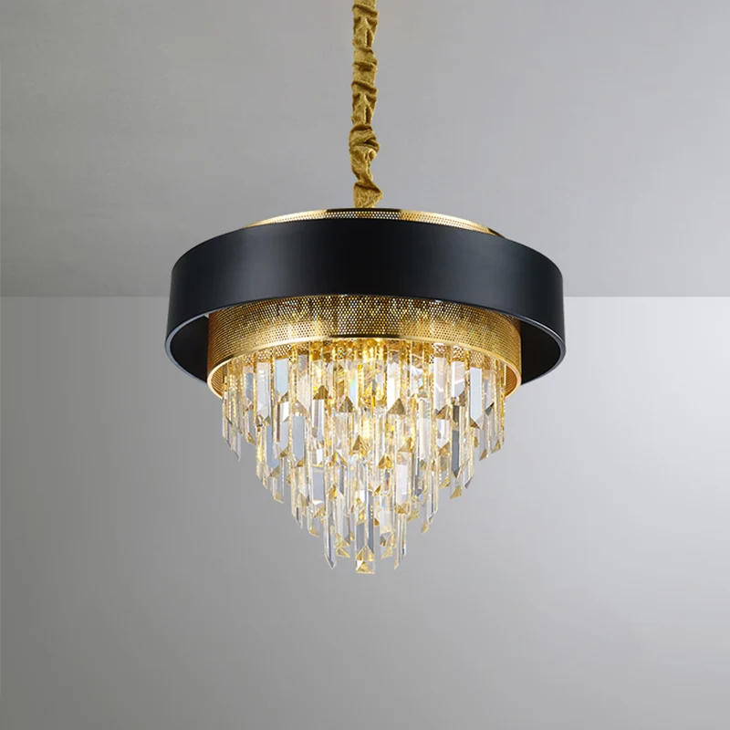 5-kops conische plafondkroonluchter Traditionele zwart/witte afwerking Heldere kristallen prisma-hanger met gouden gaas Cl...