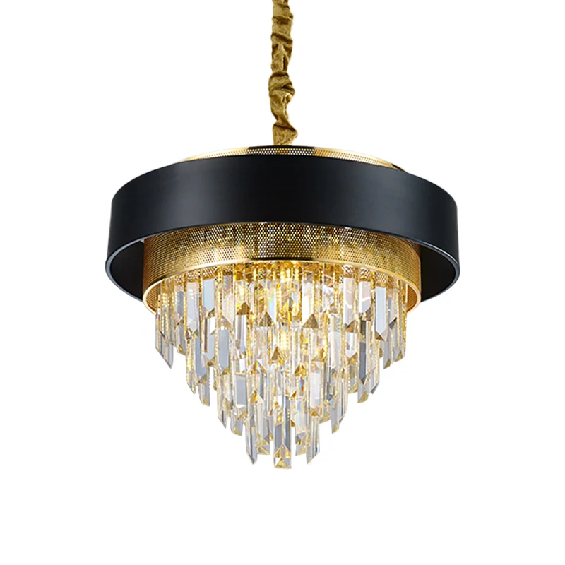 5-kops conische plafondkroonluchter Traditionele zwart/witte afwerking Heldere kristallen prisma-hanger met gouden gaas Cl...