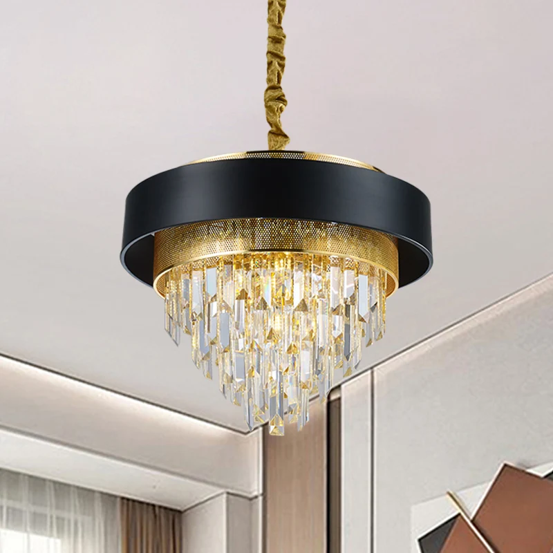 5-kops conische plafondkroonluchter Traditionele zwart/witte afwerking Heldere kristallen prisma-hanger met gouden gaas Cl...