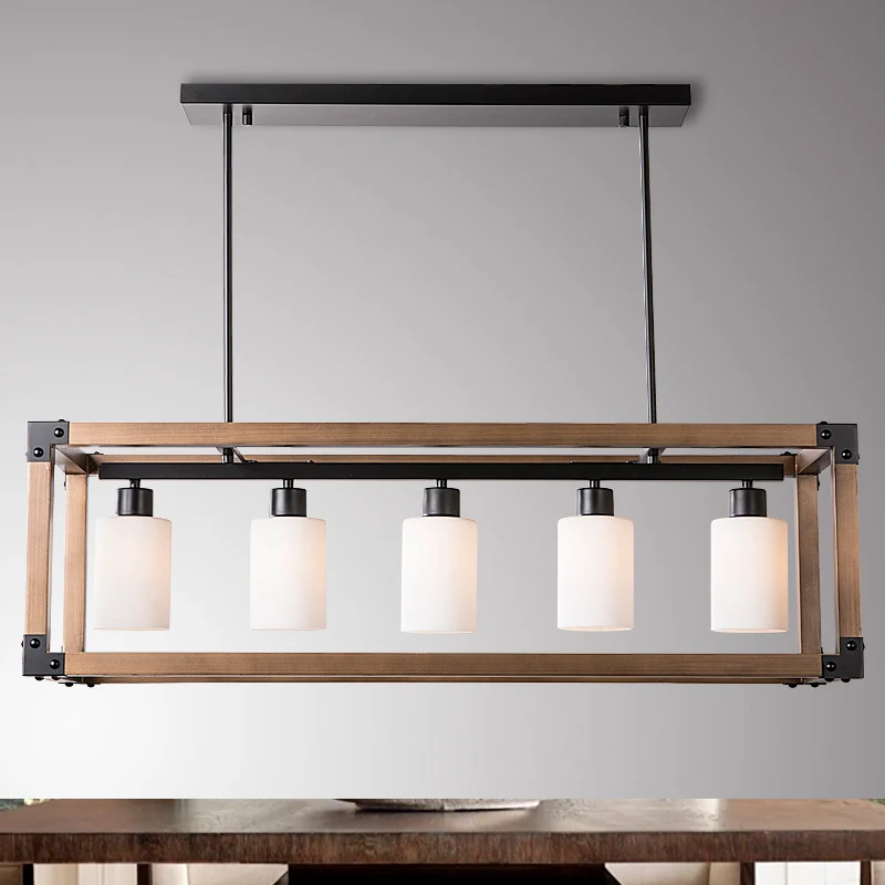 5-lichts eetkamer eilandverlichting Traditionele zwarte hanglamp met cilindervormige melkachtige glazen kap Clearhalo
