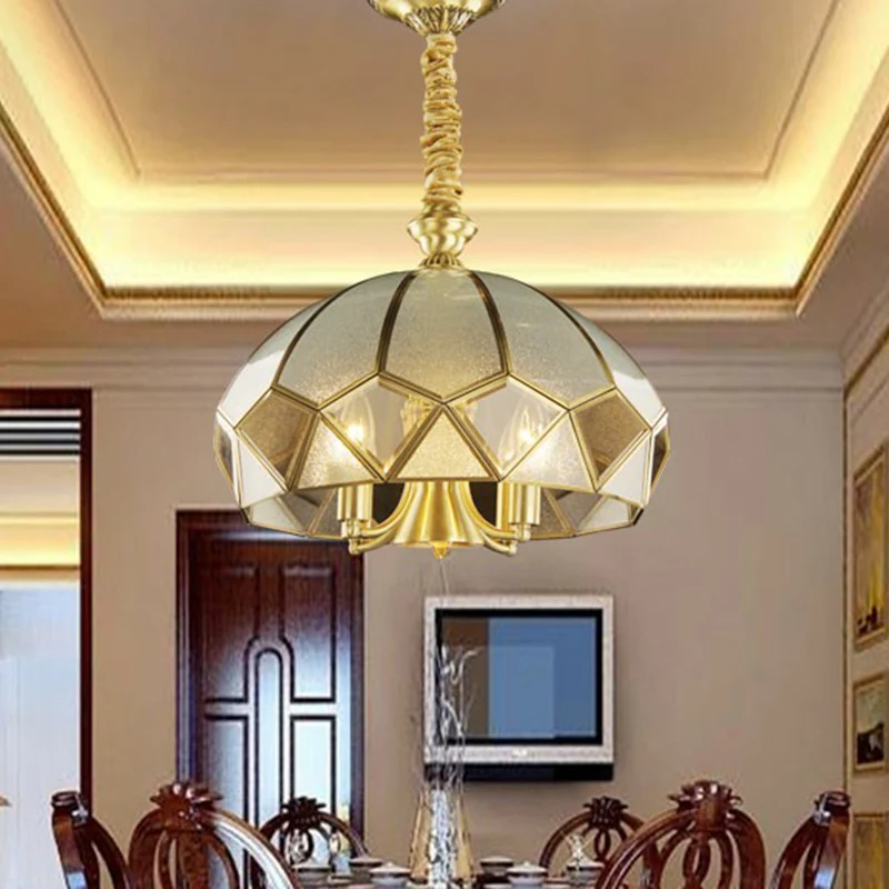 5-lichts hangende kroonluchter antieke stijl koepelvormige matglazen hanglamp messing Clearhalo