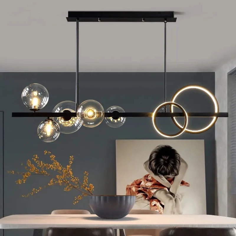 5-lichts moderne zwarte metalen eiland-hanglamp Helder glazen eiland-plafondlamp voor eettafel Clearhalo